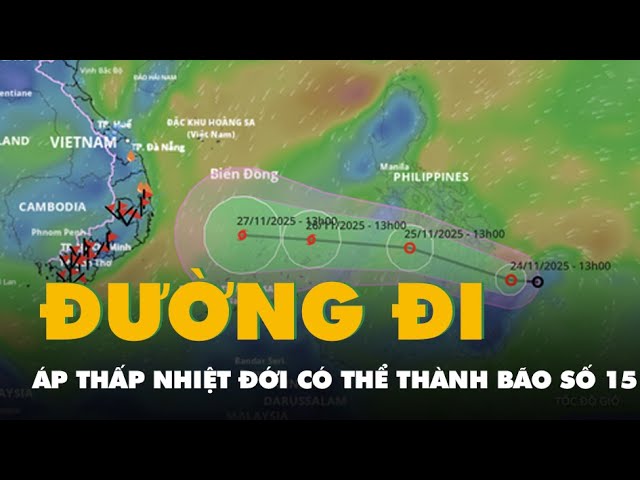 Đường đi của áp thấp nhiệt đới có thể thành bão số 15, hướng vào Nam Trung Bộ